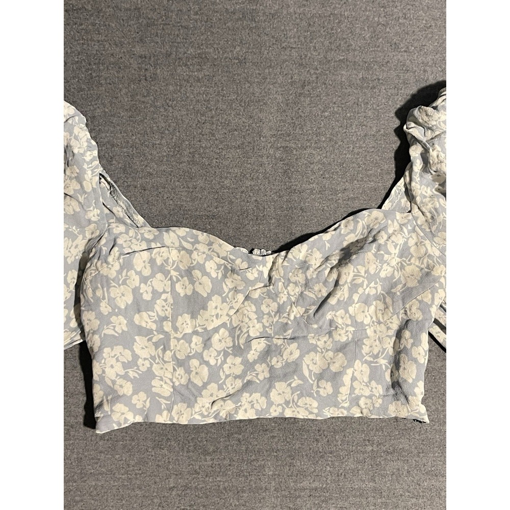 Reformation Floral Puff Sleeve Crop Top Womens Size 6 Blue Cottagecore - Picture 3 of 5